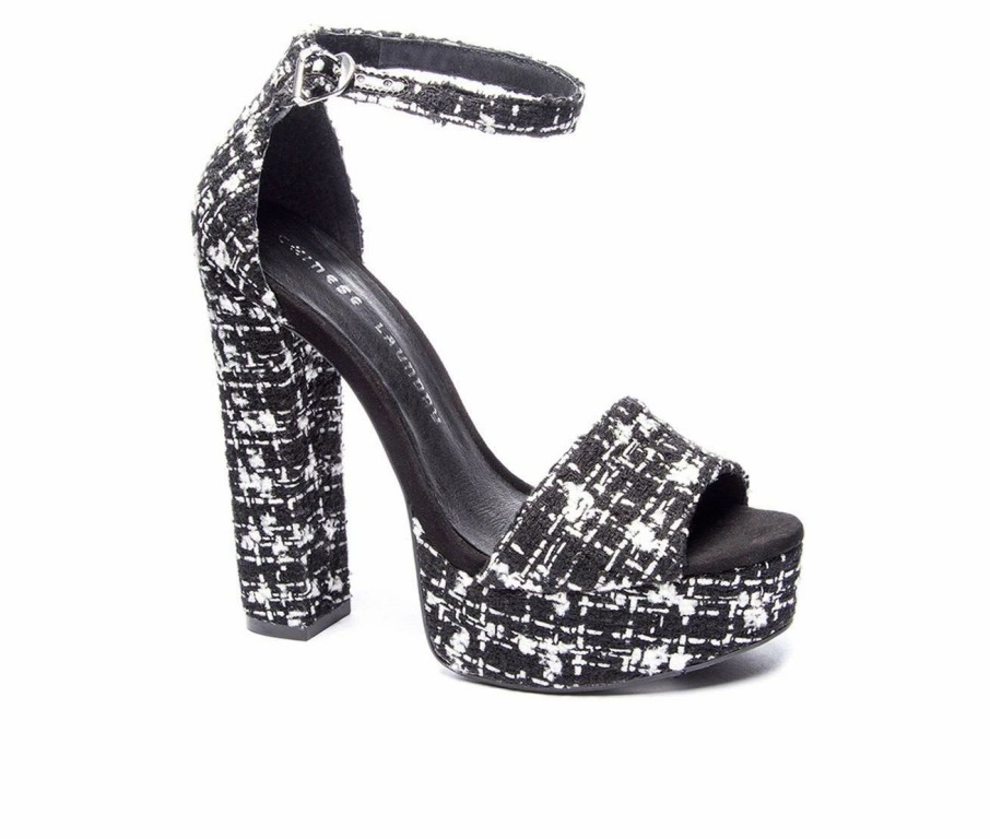 Heeled Sandals * | Hot Sale Women'S Chinese Laundry Avenue Platform Dress Sandals Blk/Wht Tweed