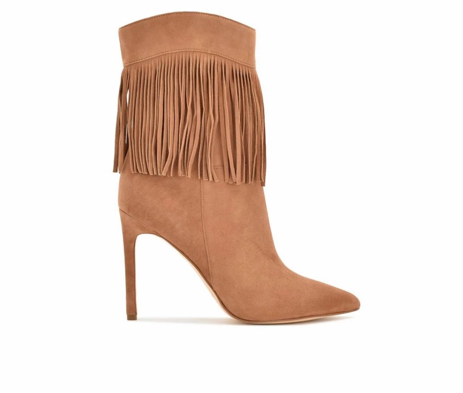 Heeled Boots * | Wholesale Women'S Nine West Tries Heeled Fringe Booties Cognac Suede