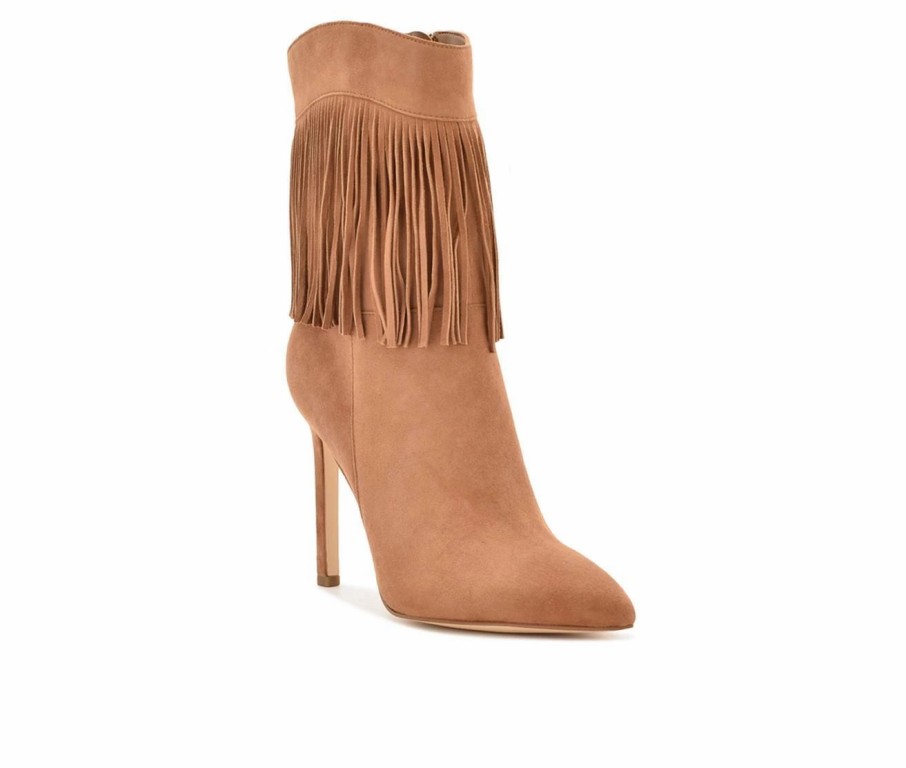 Heeled Boots * | Wholesale Women'S Nine West Tries Heeled Fringe Booties Cognac Suede