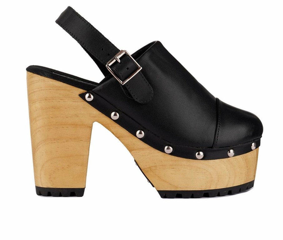 Block Heels * | Budget Women'S Rag & Co Alona Block Heel Platform Clogs Black