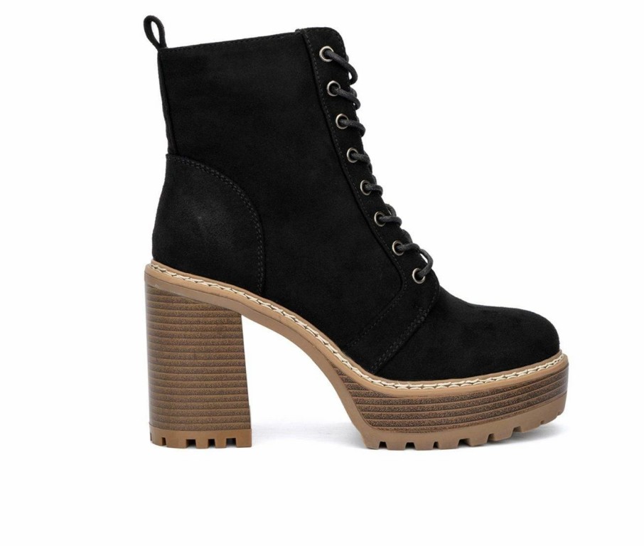 Block Heels * | Cheapest Women'S Olivia Miller Evie Platform Heeled Lace Up Boots Black